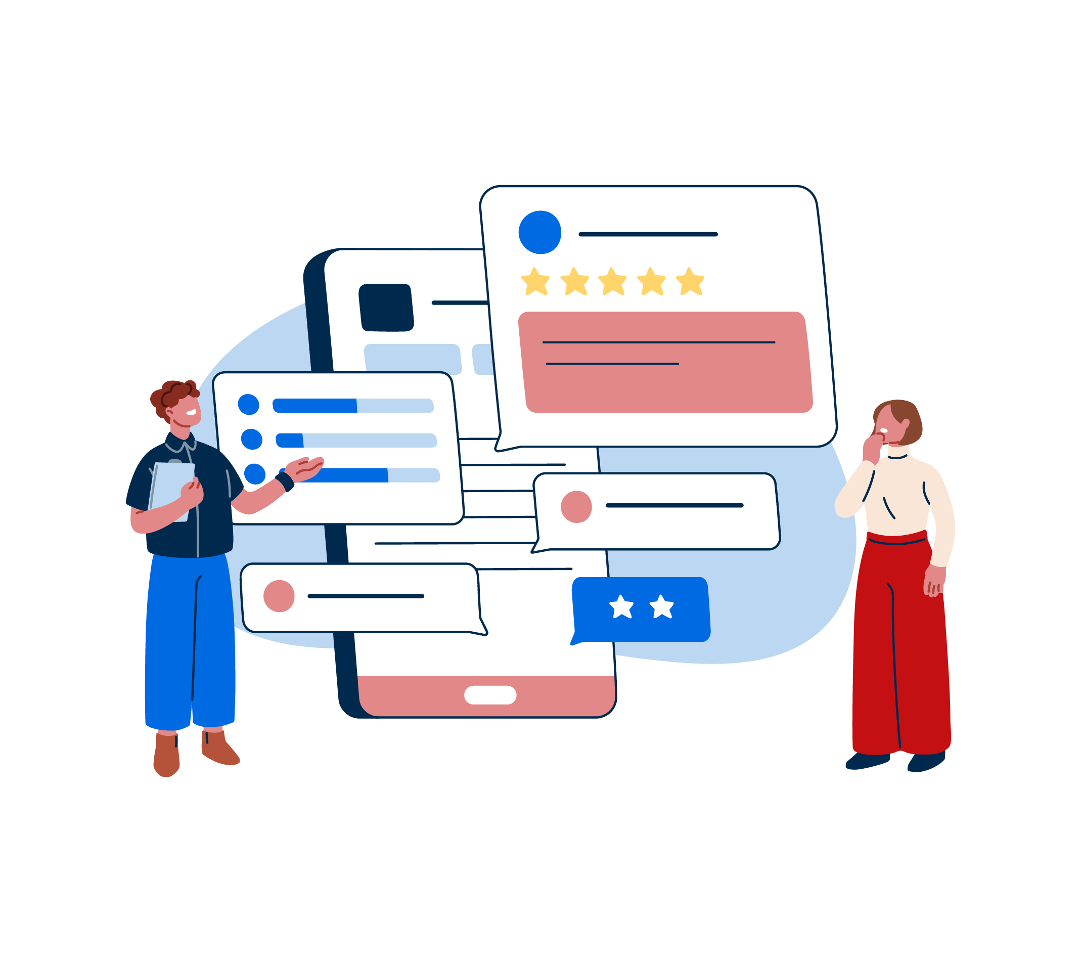 A cartoon image of two people looking at an oversized cell phone with windows popped out for viewing